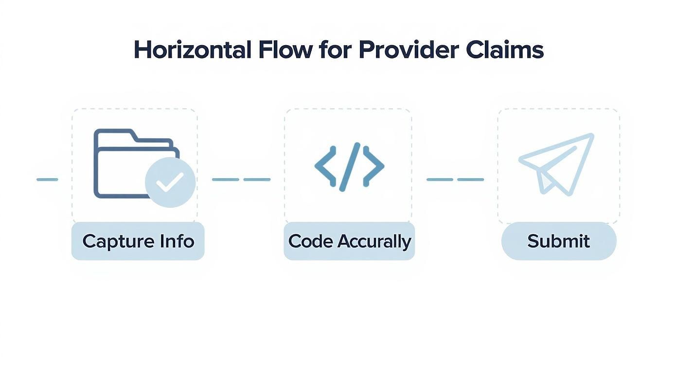 A horizontal flow diagram showing three steps for provider claims: Capture Info, Code Accurately, and Submit.