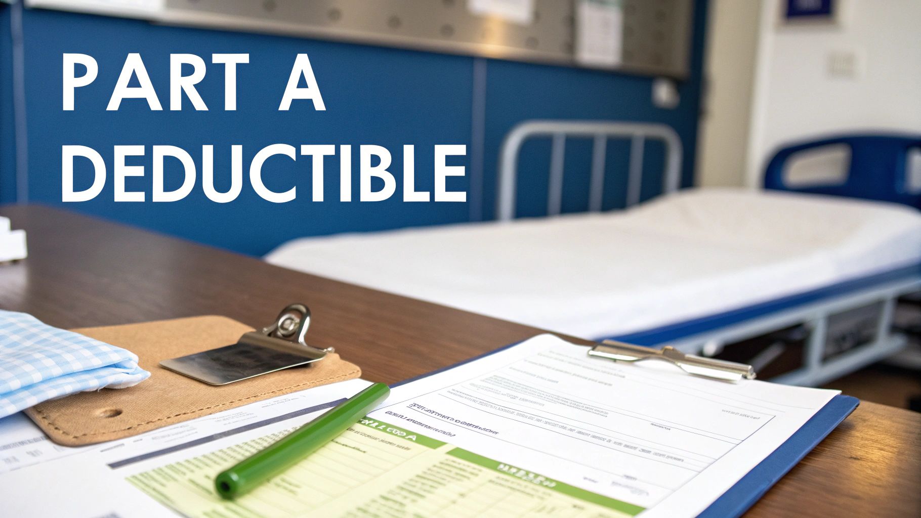 Medical forms and a pen on a desk in a hospital room with a bed and 'PART A DEDUCTIBLE' text.