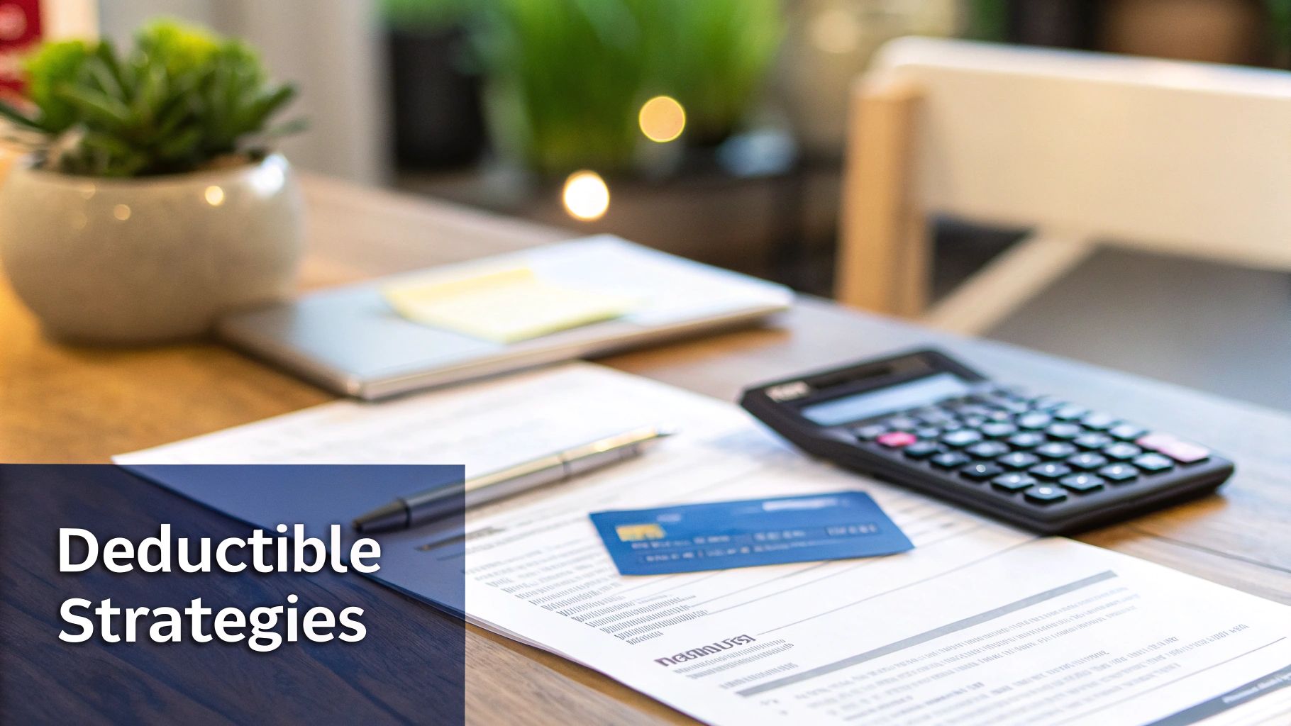 Desk with calculator, financial documents, pen, and credit card, showing 'Deductible Strategies'.