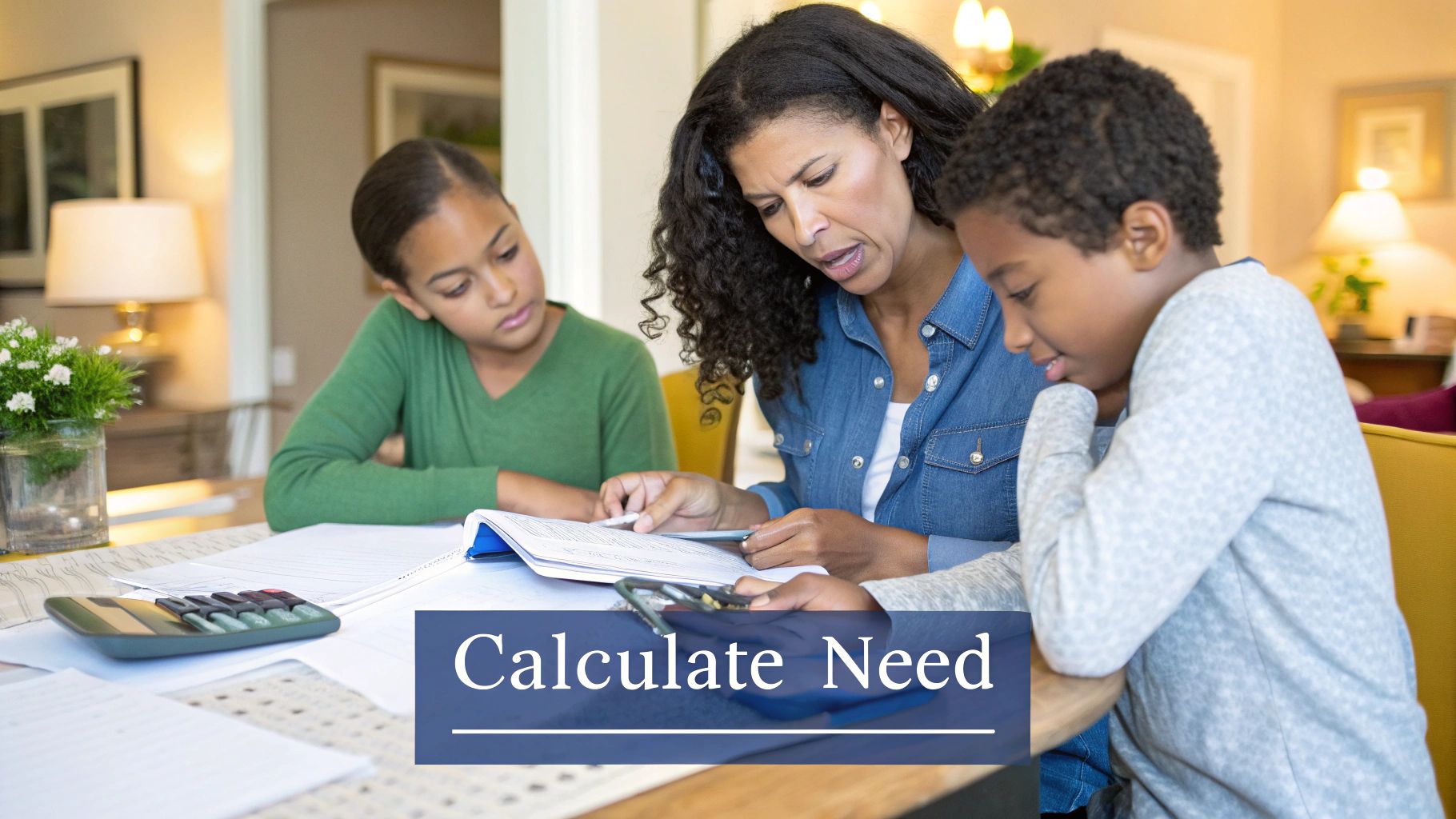 A person using a calculator with financial documents, illustrating the process of calculating life insurance needs.