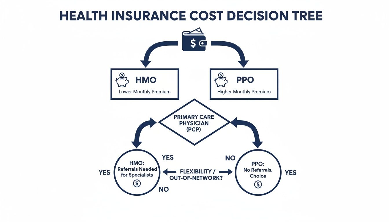A decision tree illustrating health insurance cost choices between HMO and PPO plans based on premiums and flexibility.