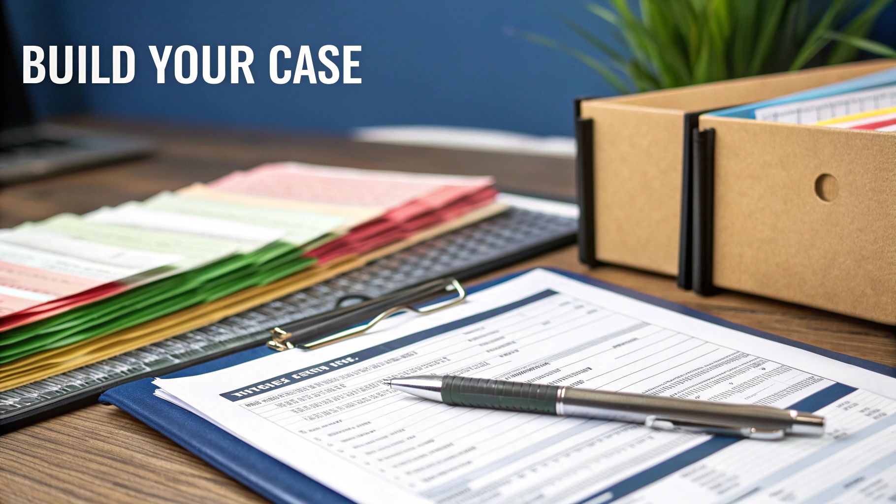 A person organizing documents and paperwork at a desk, creating a neat file for an appeal.