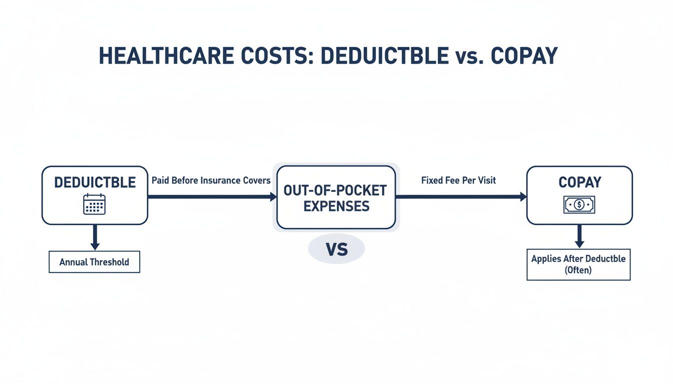 A flowchart visually comparing healthcare costs, explaining deductibles and copays as out-of-pocket expenses.