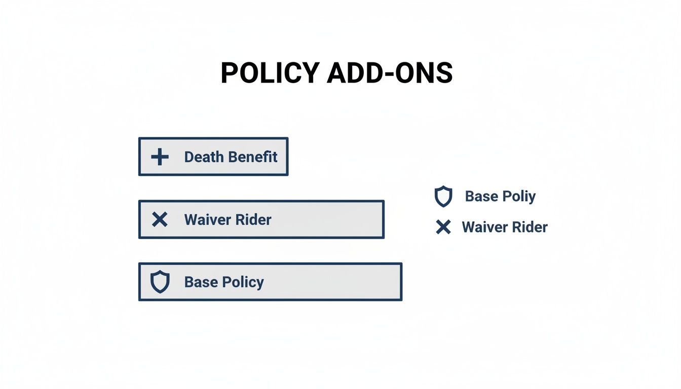A diagram illustrating policy add-ons, including Death Benefit, Waiver Rider, and Base Policy components.