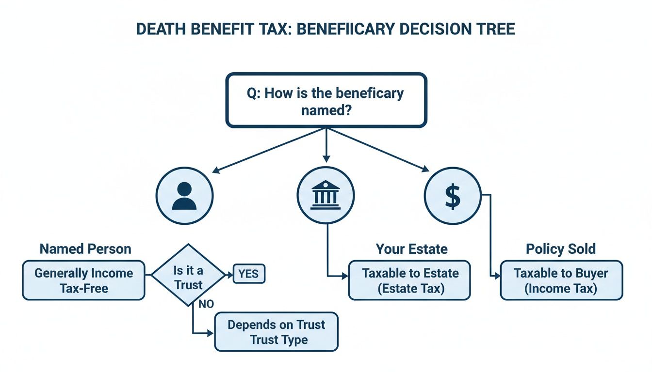 Decision tree illustrating death benefit tax implications based on how the beneficiary is named.