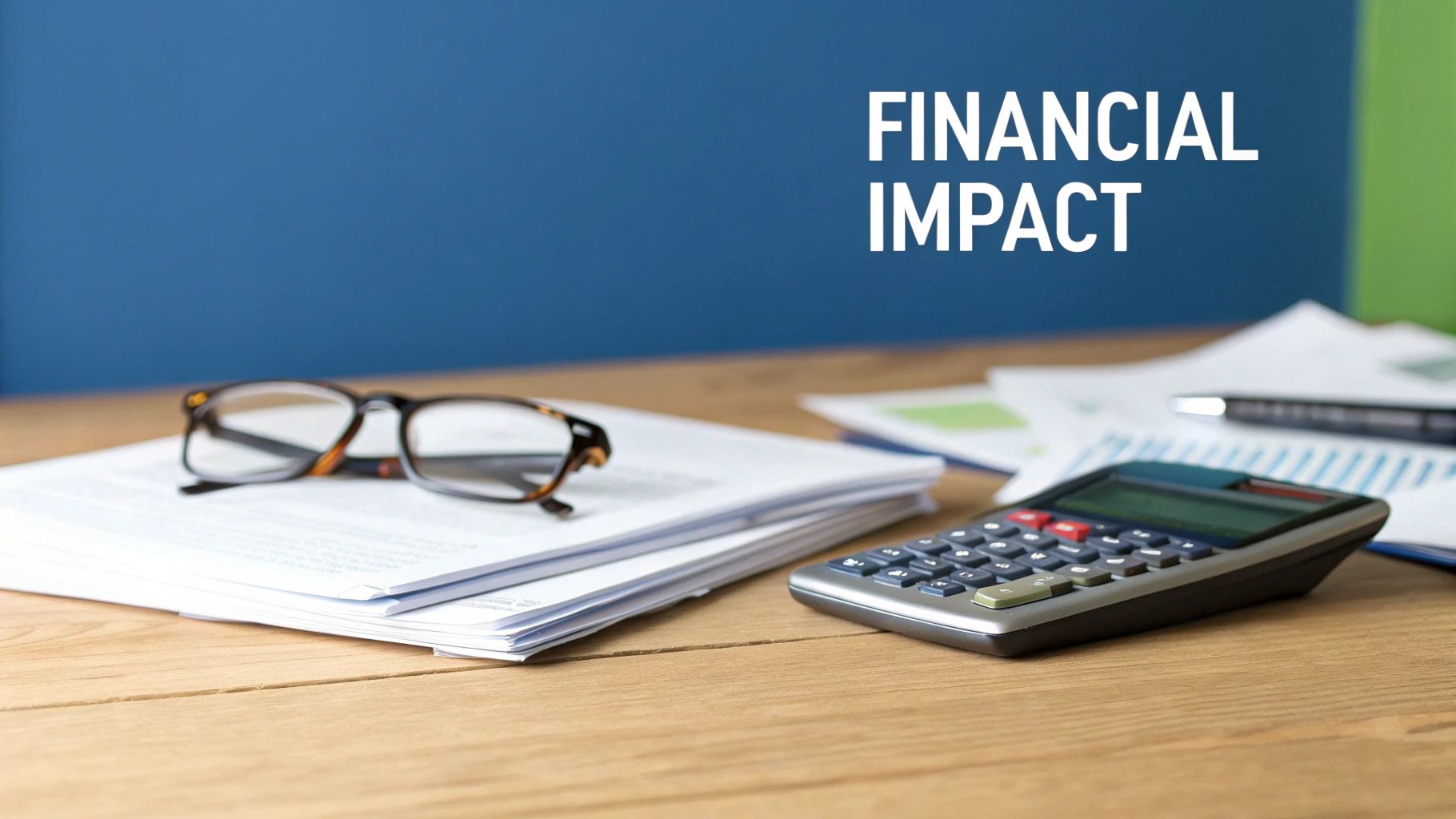 Eyeglasses, calculator, and papers on a wooden desk with "FINANCIAL IMPACT" text on a blue background.