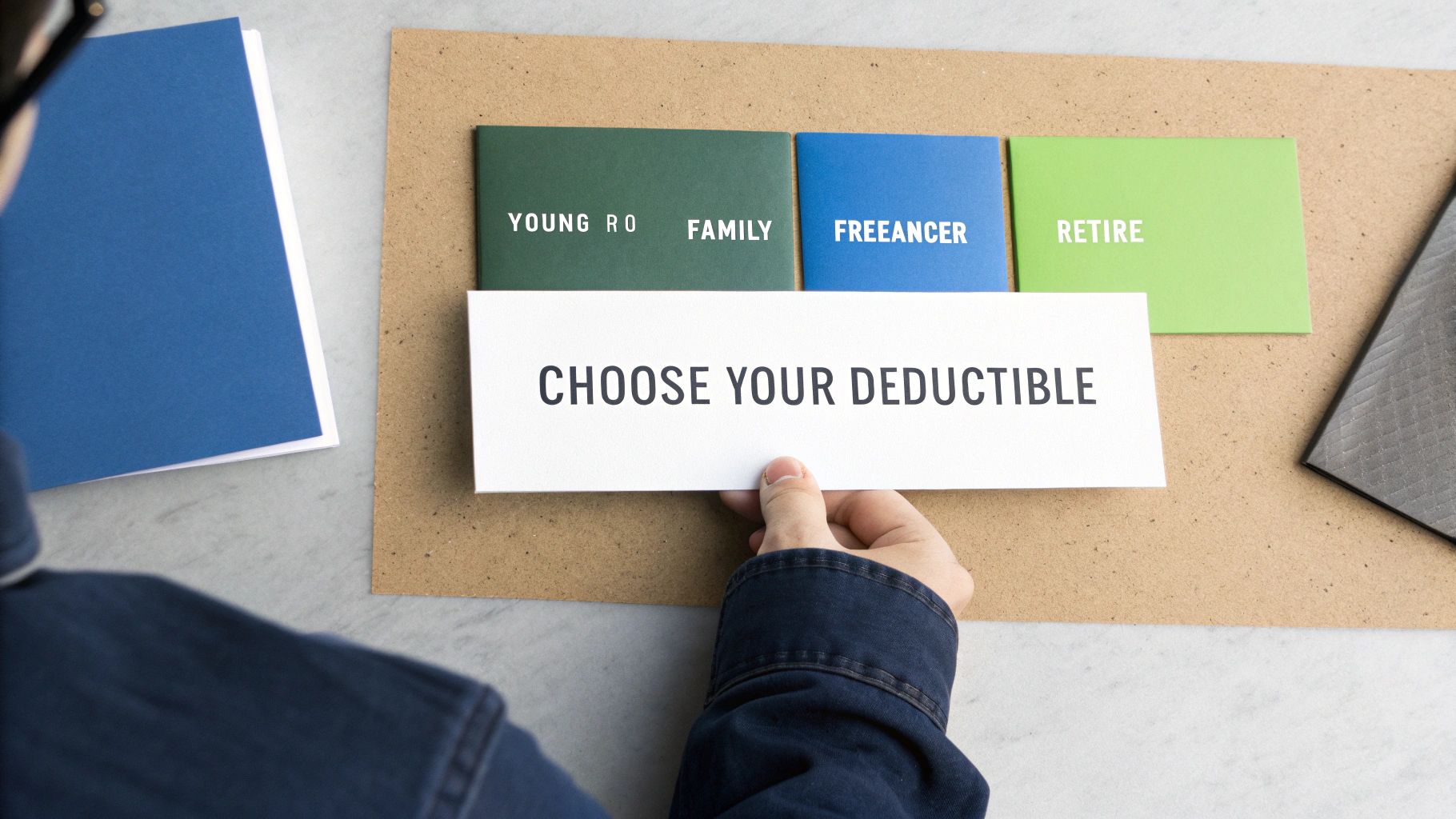 Person holding card with text choose your deductible and life stage categories