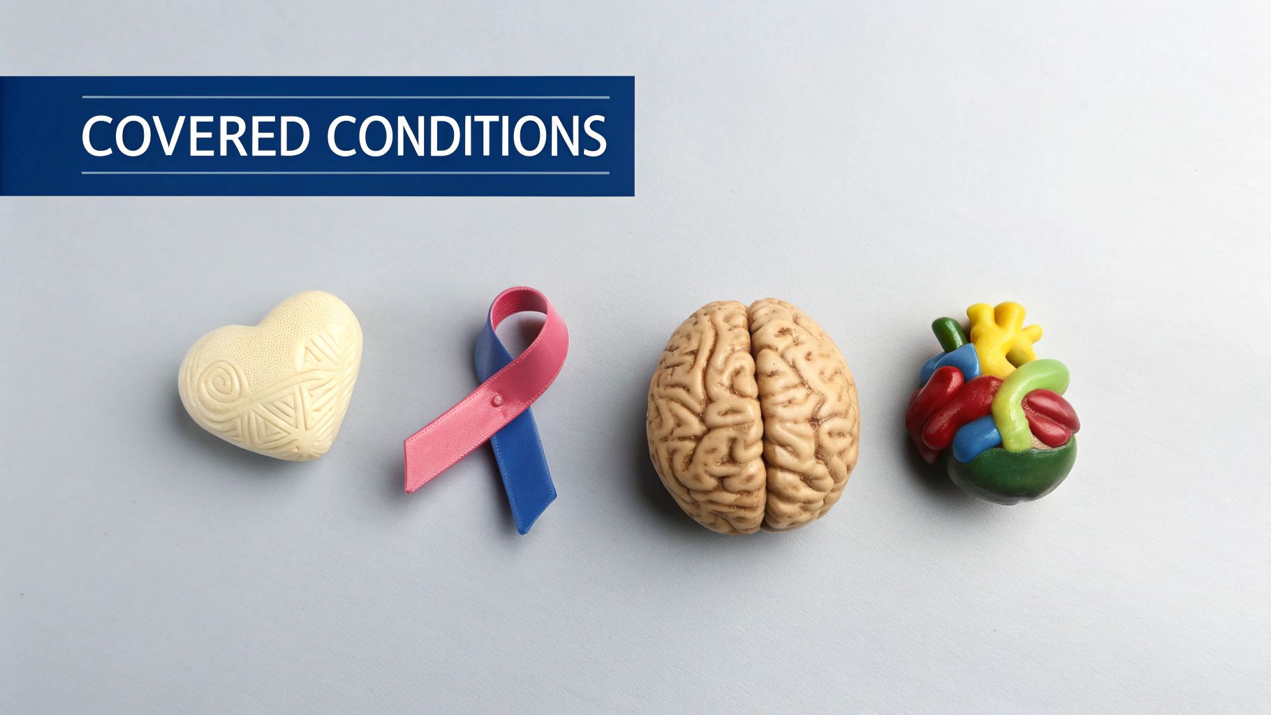 A blue banner reads 'COVERED CONDITIONS' above models of a heart, awareness ribbon, brain, and anatomical heart, symbolizing critical illnesses.