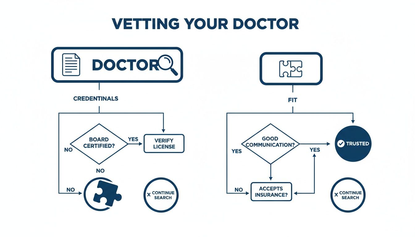 Flowchart guiding users on how to vet a doctor based on credentials and personal fit.