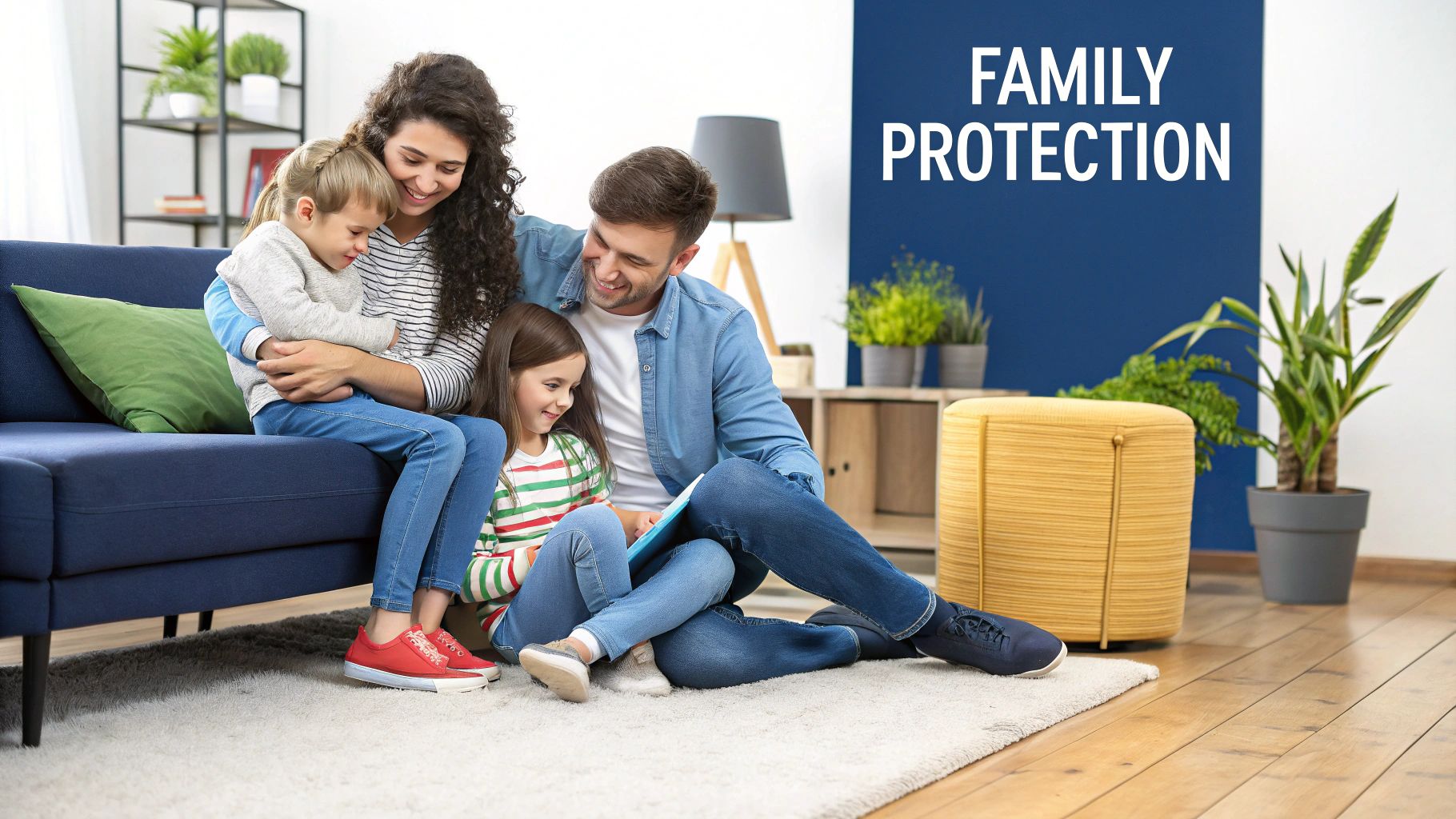 A young family smiling together in a bright, sunlit room, symbolizing family protection and security.