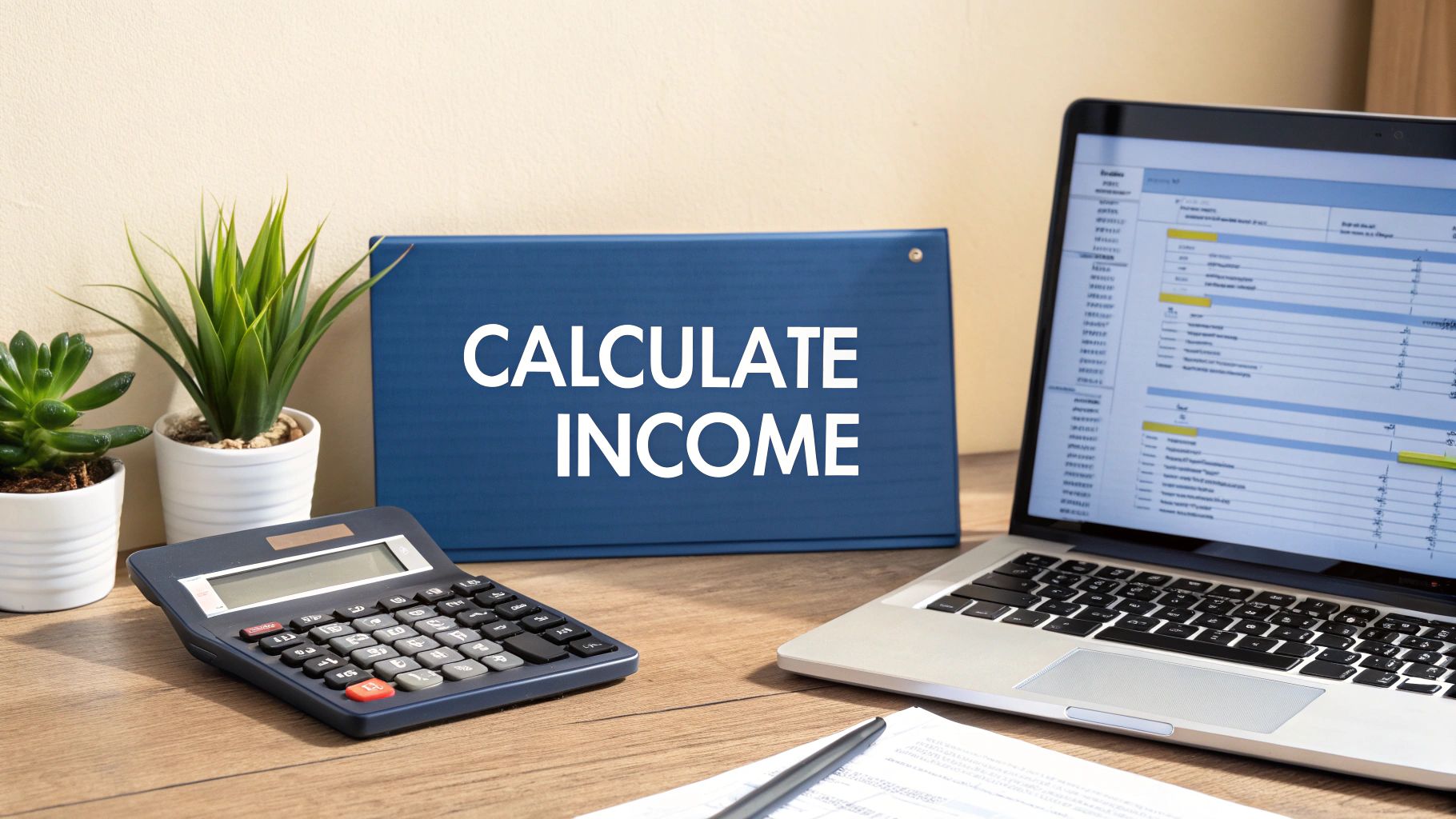 A desk setup with a calculator, laptop showing a spreadsheet, and a sign saying 'CALCULATE INCOME'.