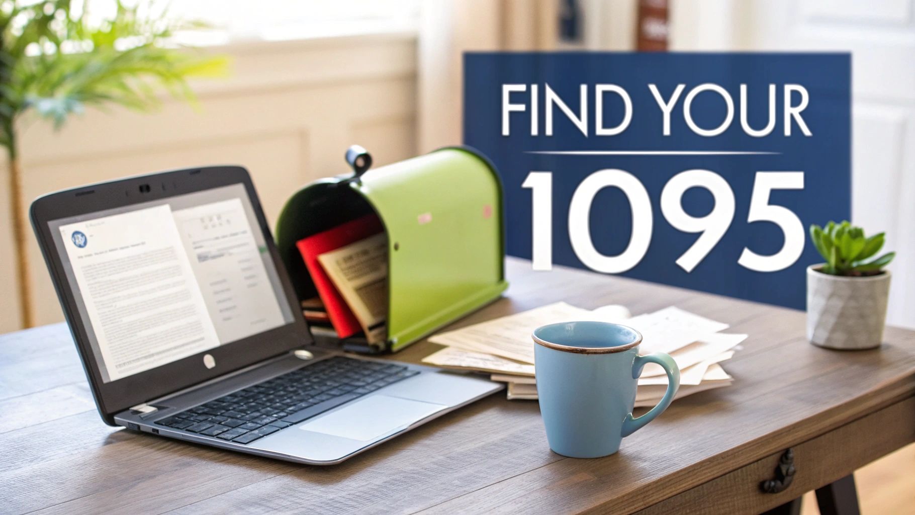 A desk with a laptop, green mailbox, stacked papers, a blue mug, and a "FIND YOUR 1095" sign.