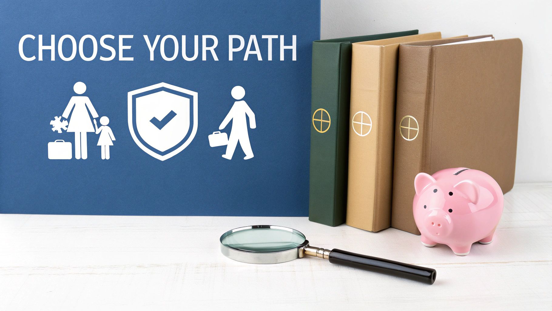 Choose your path: icons for family, protection, and career, with books, a piggy bank, and a magnifying glass.