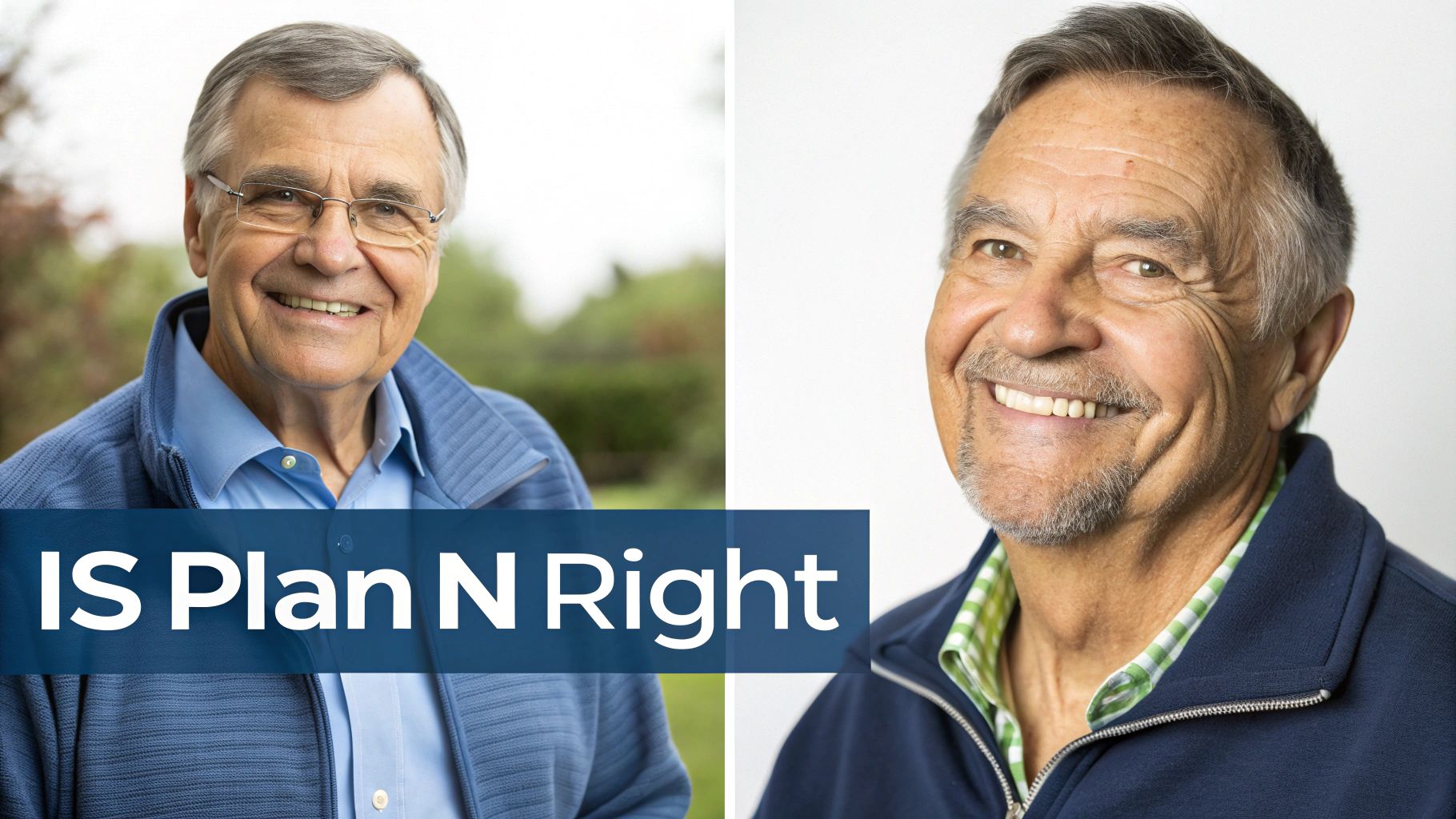 Two smiling senior men in blue jackets, with text "IS Plan N Right", discussing Medicare.