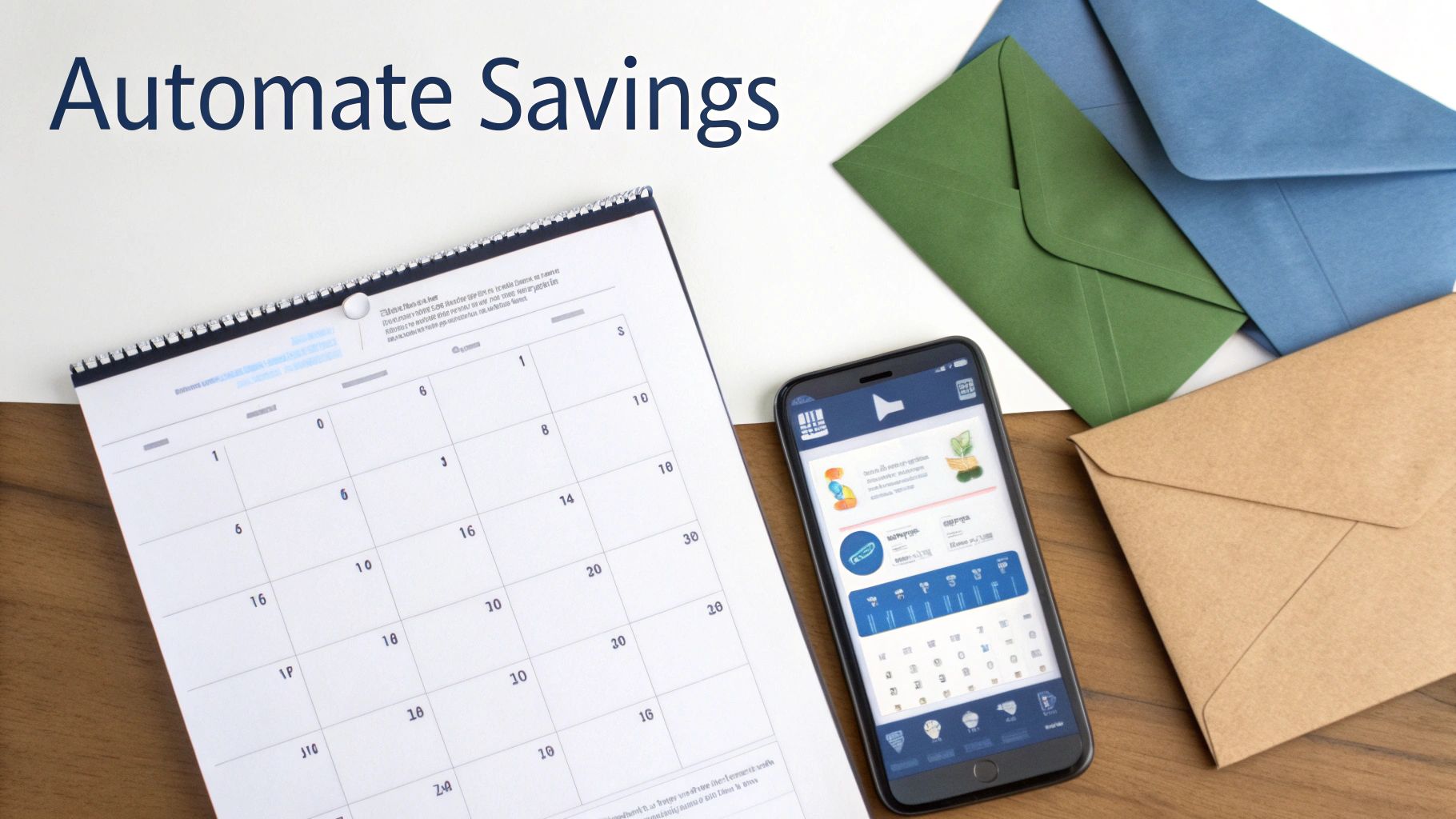 A calendar with money icons indicating variable income and a piggy bank showing consistent savings.