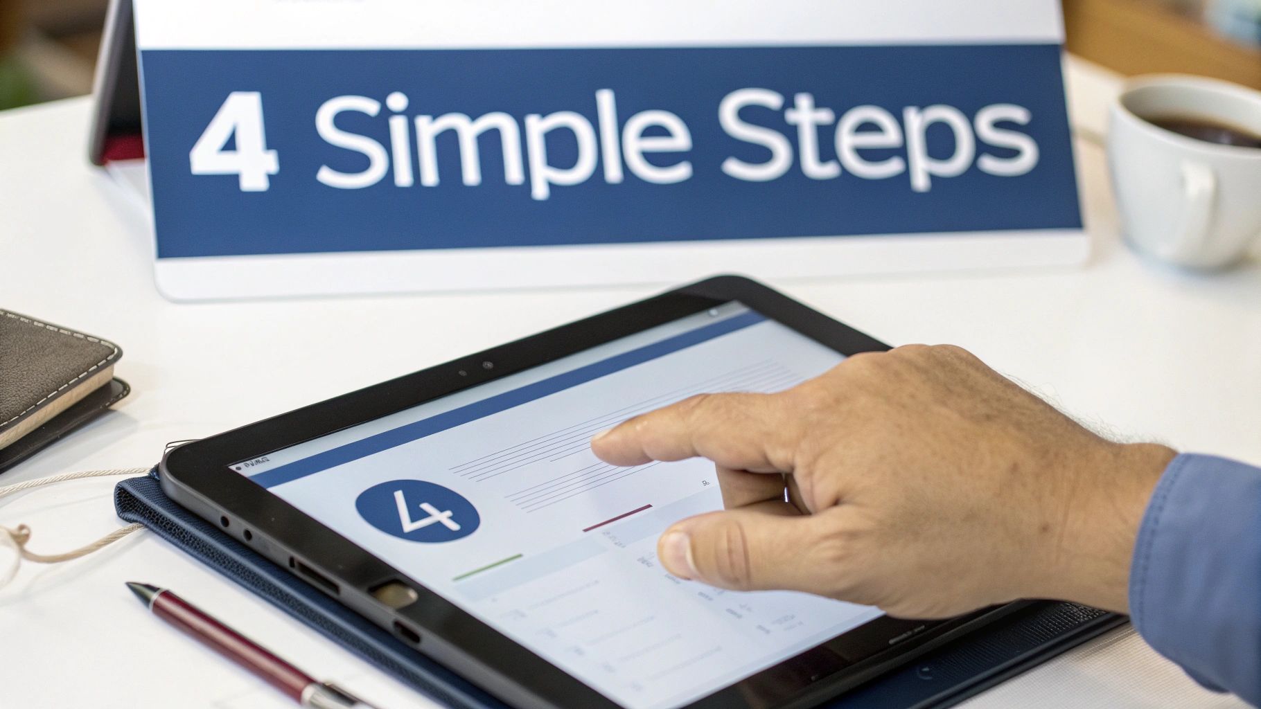 A person's hand taps a tablet screen displaying a financial application, with a '4 Simple Steps' sign.