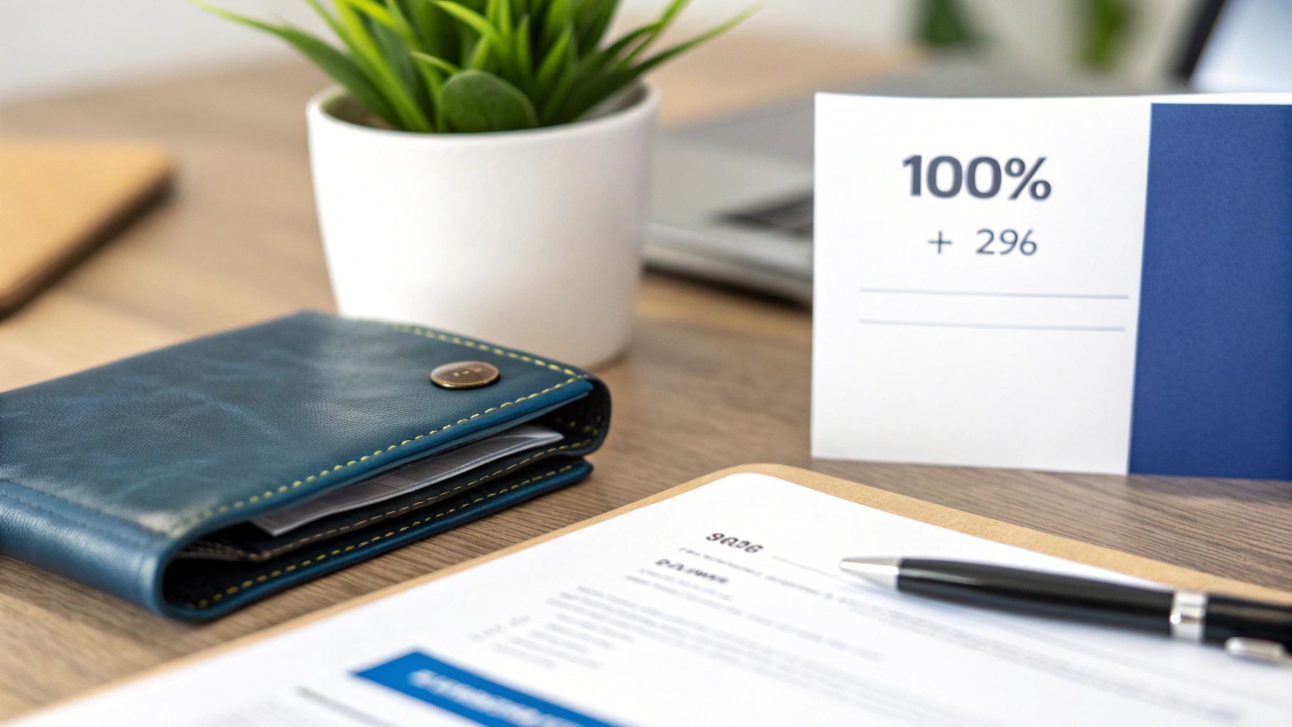 A desk with a blue wallet, a potted green plant, documents, a pen, and a card showing '100% + 2%'.