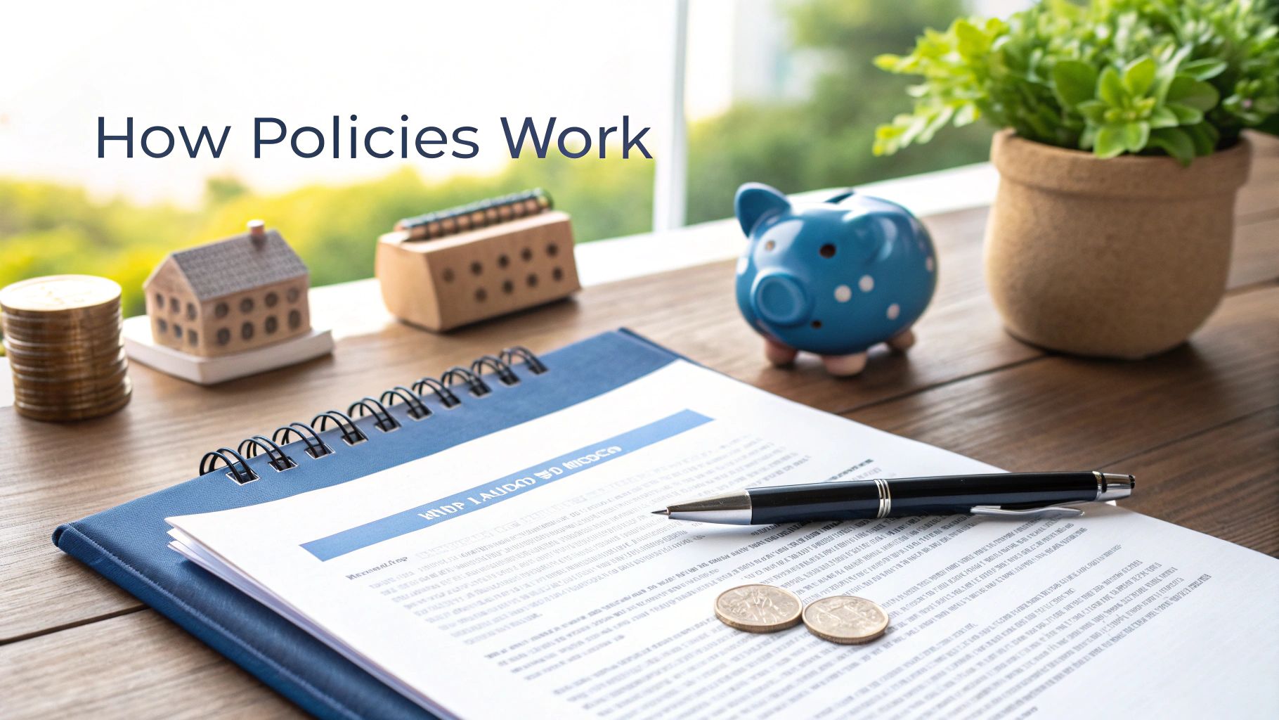 A desk with a document, pen, coins, piggy bank, and miniature houses illustrating 'How Policies Work'.