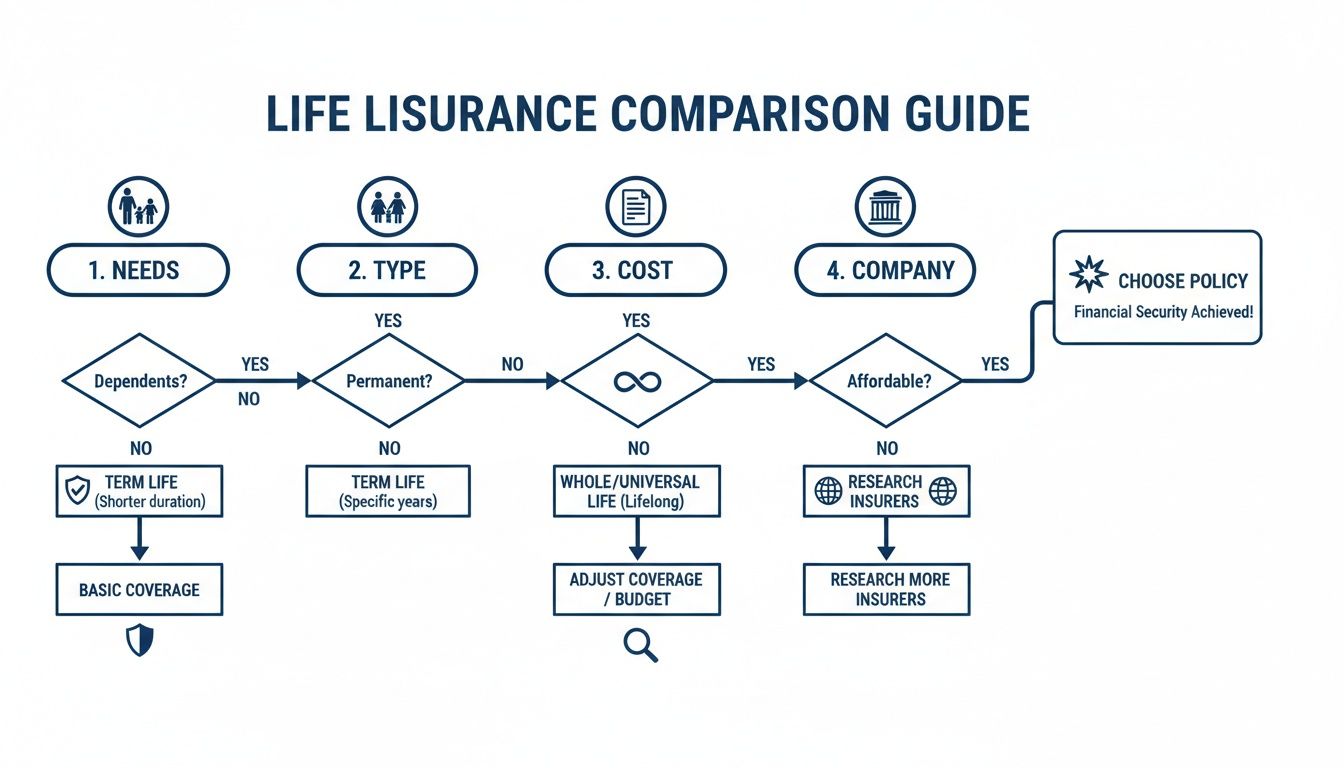 Flowchart guide for comparing life insurance policies, detailing steps for needs, type, cost, and company.