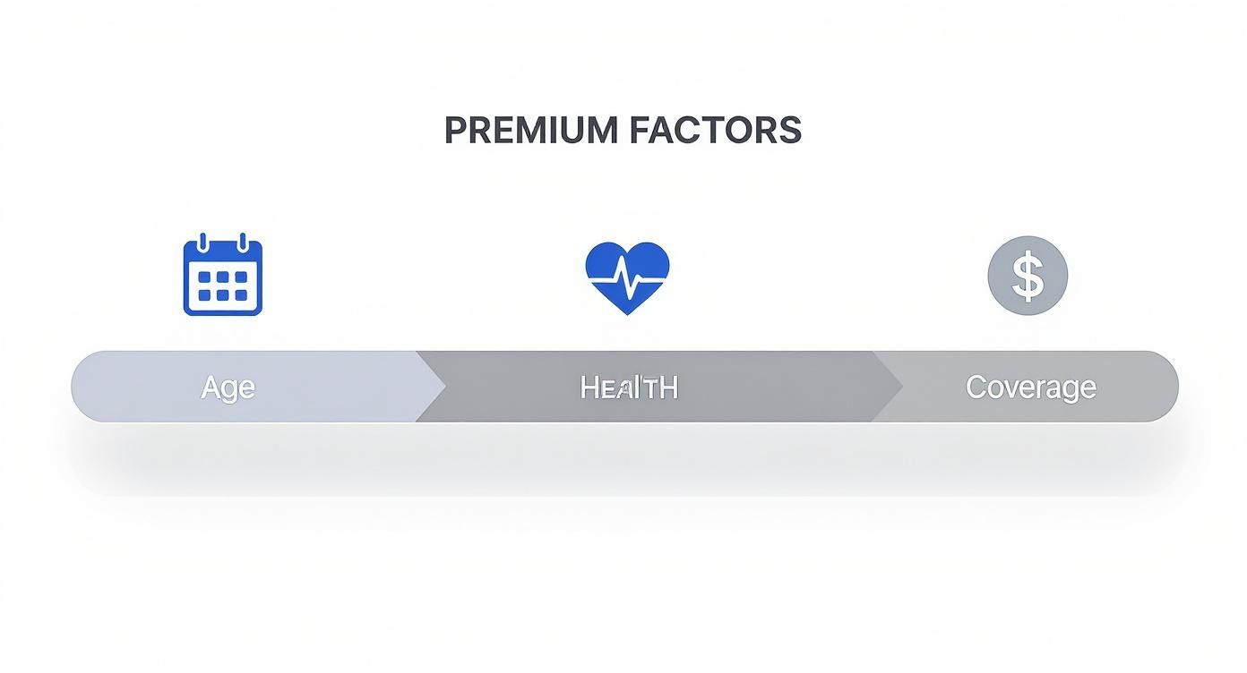 Three premium factors for term life insurance: age, health, and coverage amount displayed with icons