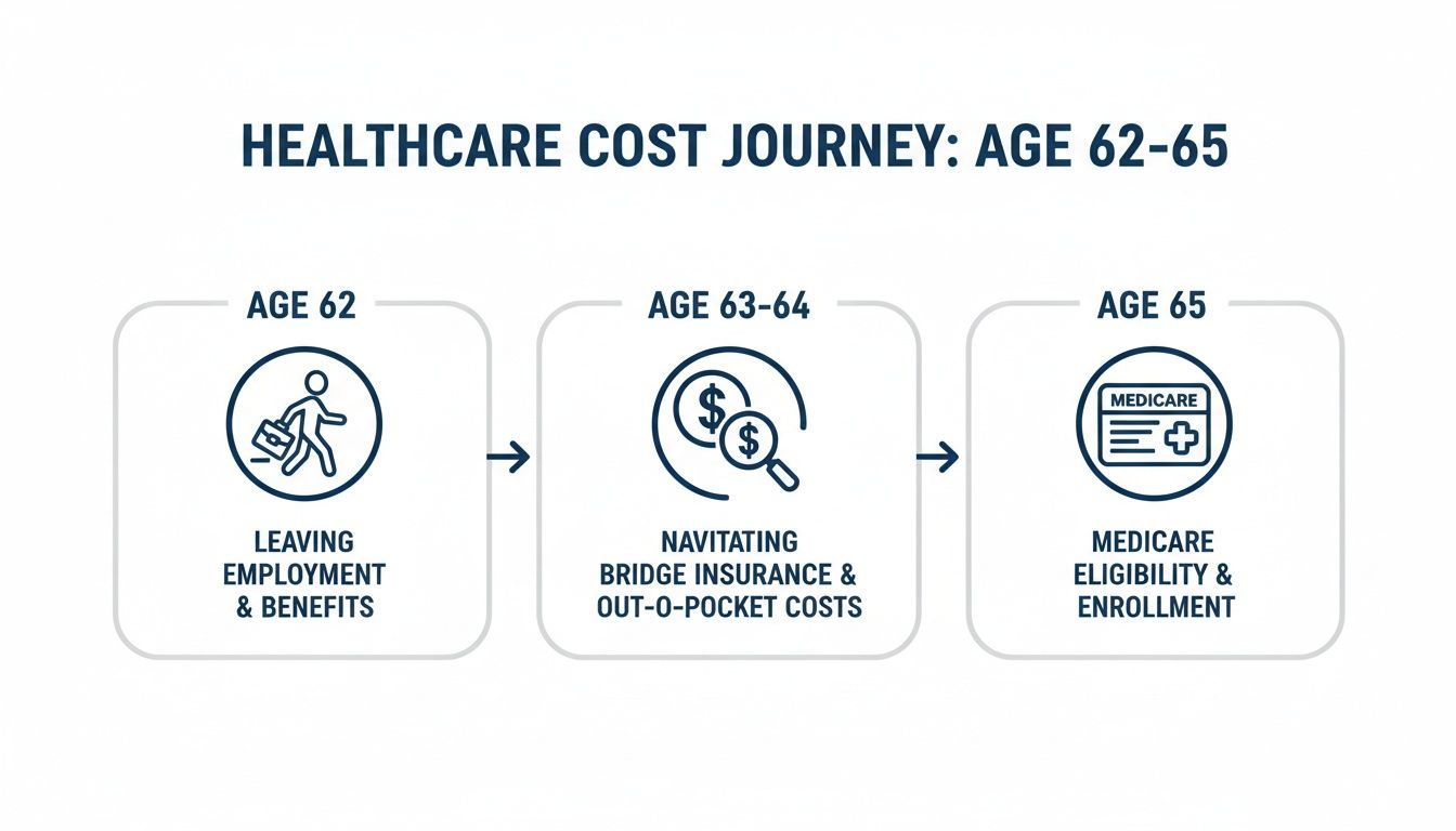 Infographic illustrating the healthcare cost journey from age 62 to 65, including employment, insurance, and Medicare.