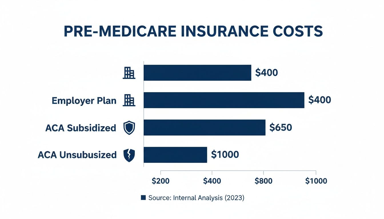 Horizontal bar chart displays pre-Medicare insurance costs for employer, ACA subsidized, and unsubsidized plans.