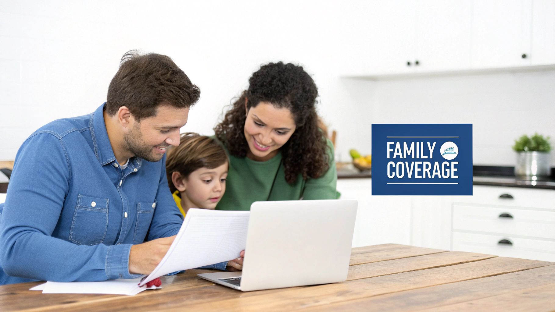 A smiling family, father, mother, and child, reviews documents and a laptop, symbolizing family coverage.