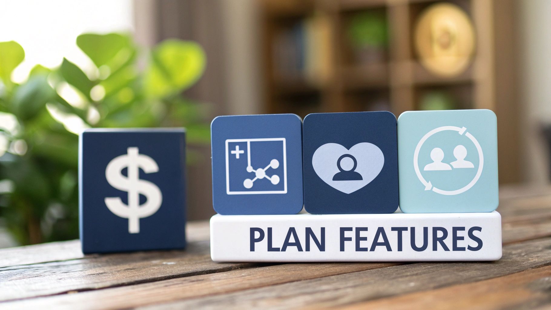Blocks on a wooden table display 'PLAN FEATURES' with icons for financial, medical, wellness, and patient support.