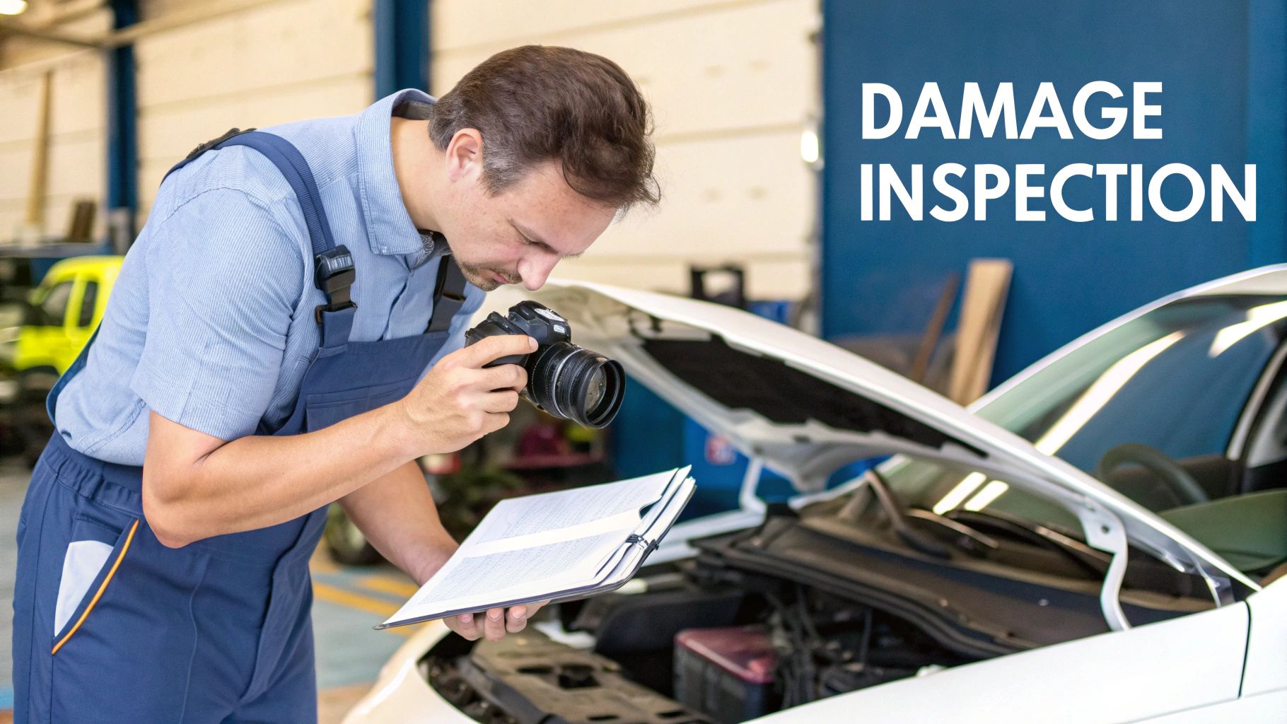 Mechanic inspecting a car's engine bay while holding a tablet