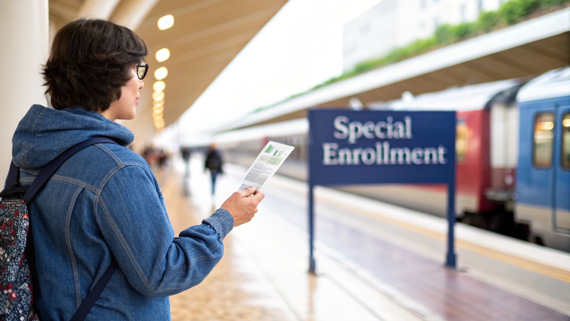 A person at a train station platform, holding a pamphlet, with a "Special Enrollment" sign.