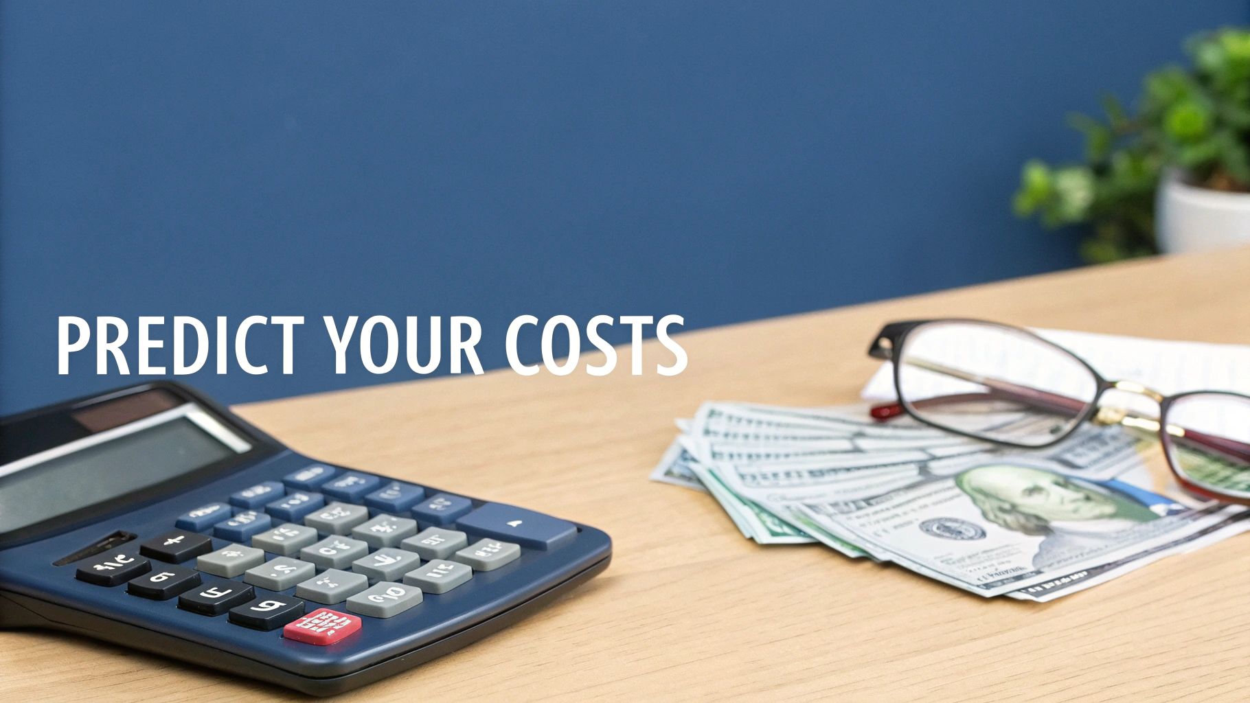 A calculator, fanned US dollar bills, and eyeglasses on a wooden desk, with text 'PREDICT YOUR COSTS'.