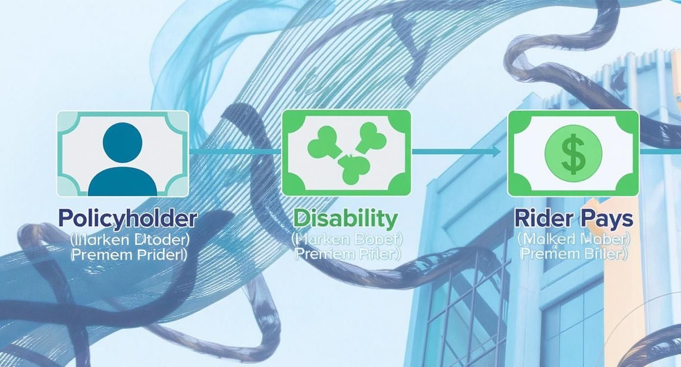 Diagram showing a policyholder, disability icon, and dollar sign, illustrating a premium waiver process.
