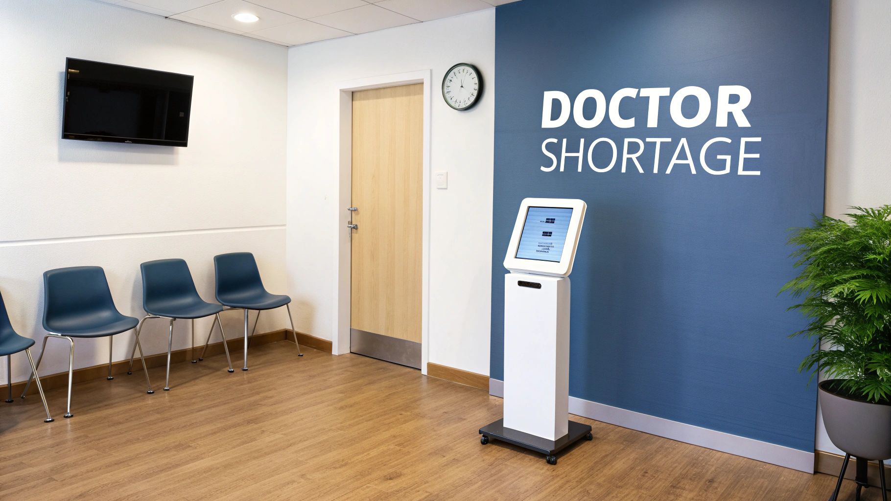 A clinic waiting room with blue chairs, a self-service kiosk, and a blue wall stating 'DOCTOR SHORTAGE'.