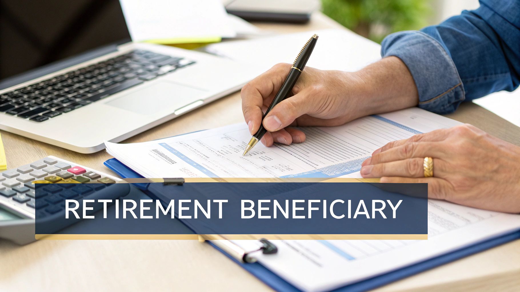 Hands are seen filling out a retirement beneficiary form with a pen, laptop, and calculator on a wooden desk.
