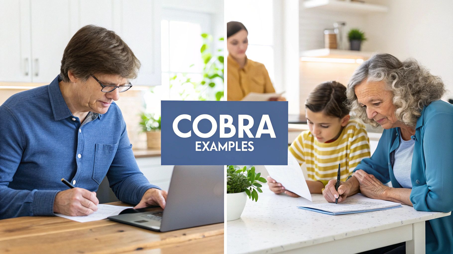 Diverse individuals, including a man and a grandmother with a child, completing COBRA related paperwork.