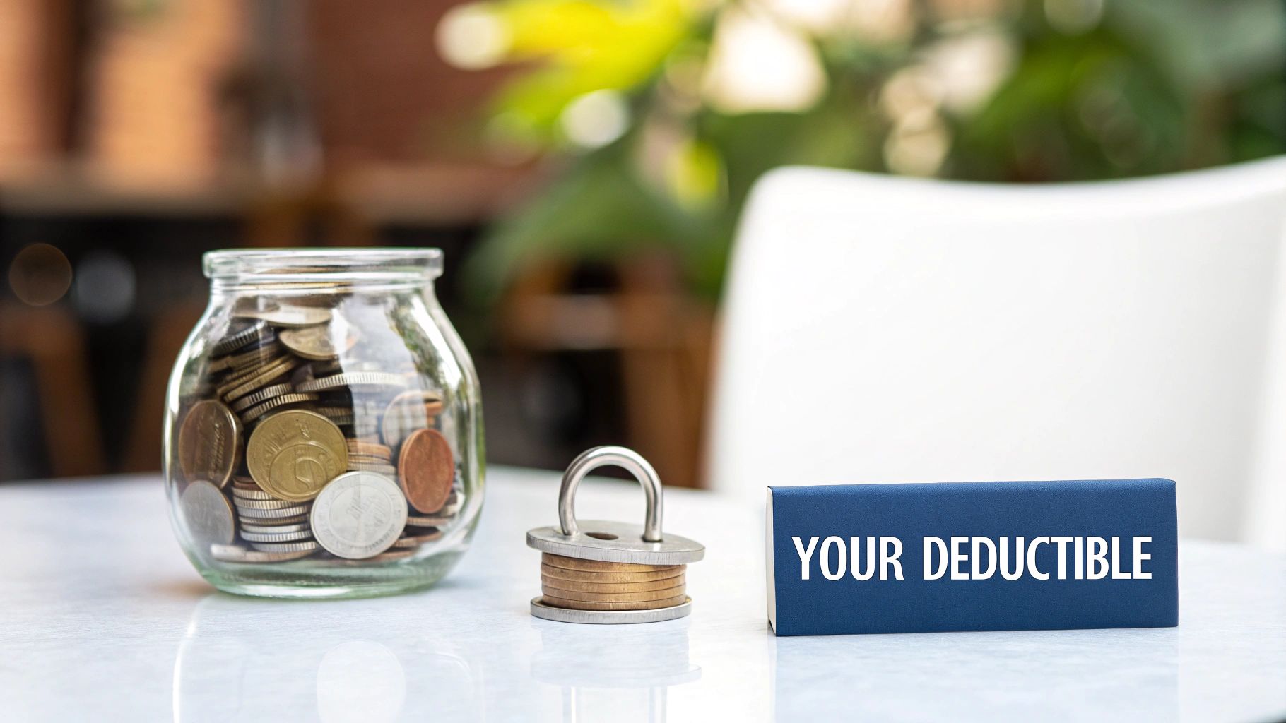 A glass jar full of coins, a padlock on more coins, and a sign 'YOUR DEDUCTIBLE'.