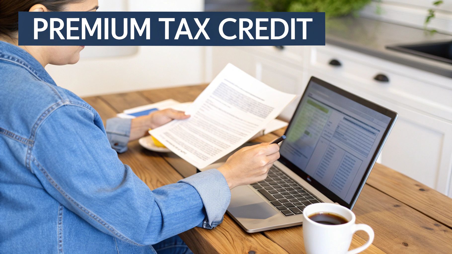 Woman in denim shirt studying financial documents and laptop, with 'Premium Tax Credit' overlay.