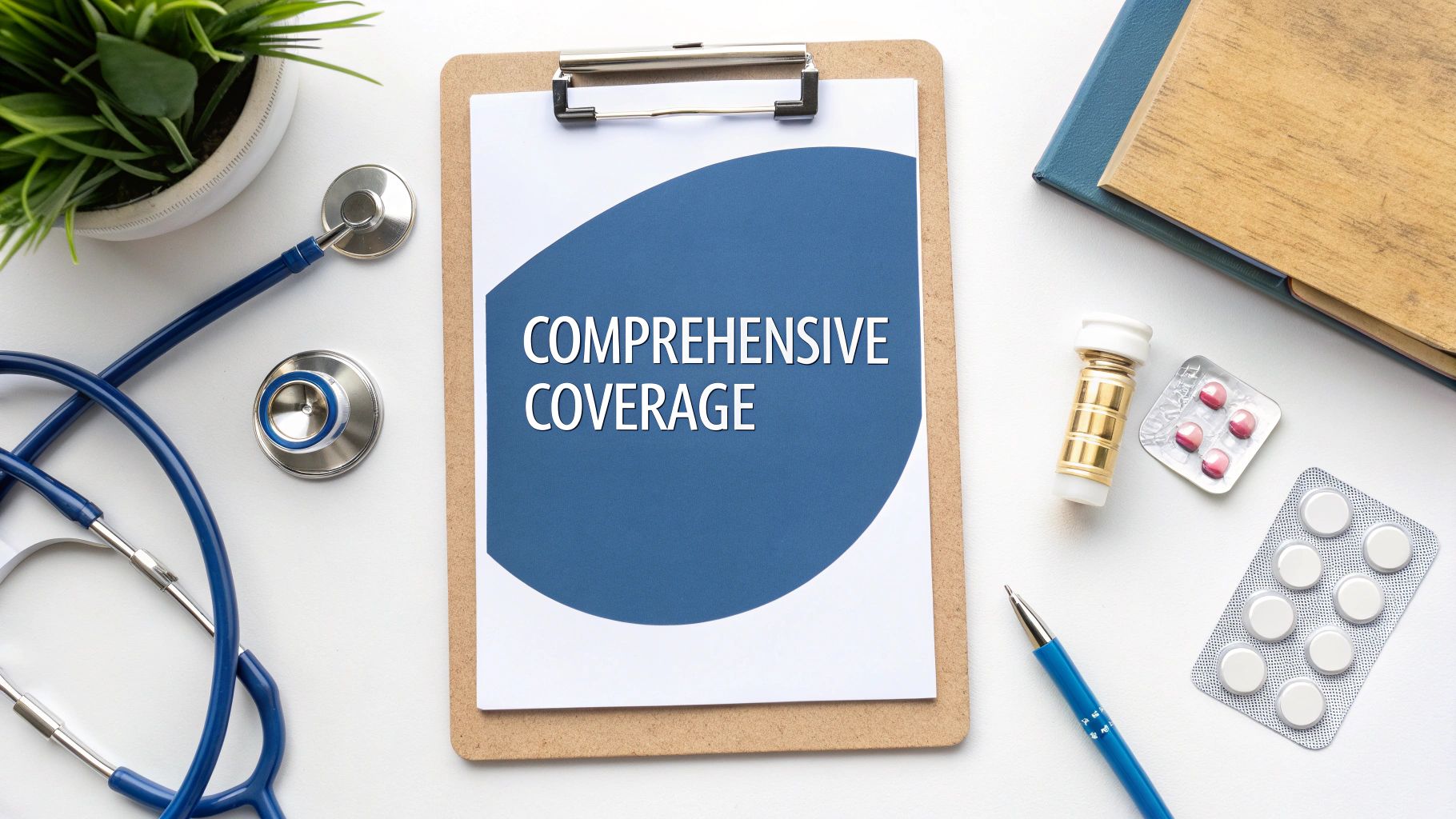 Medical flat lay with a clipboard showing 'Comprehensive Coverage', stethoscope, pills, and a plant.