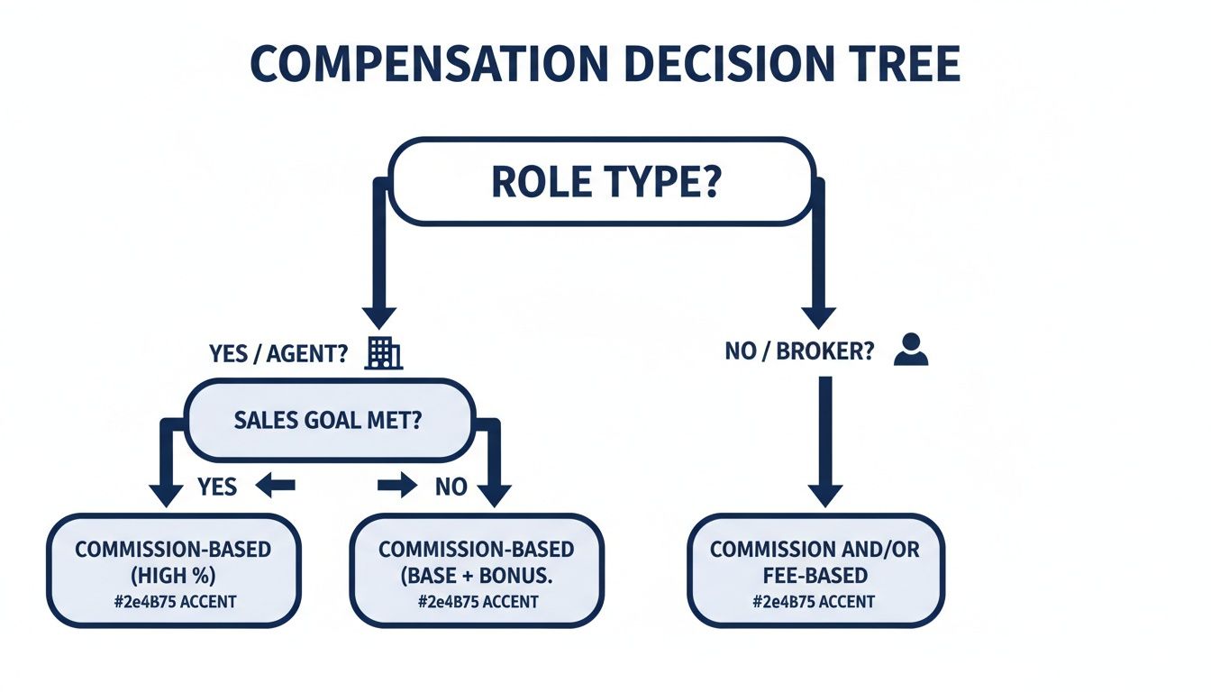 Decision tree diagram outlining compensation models for insurance agents and brokers based on sales performance.