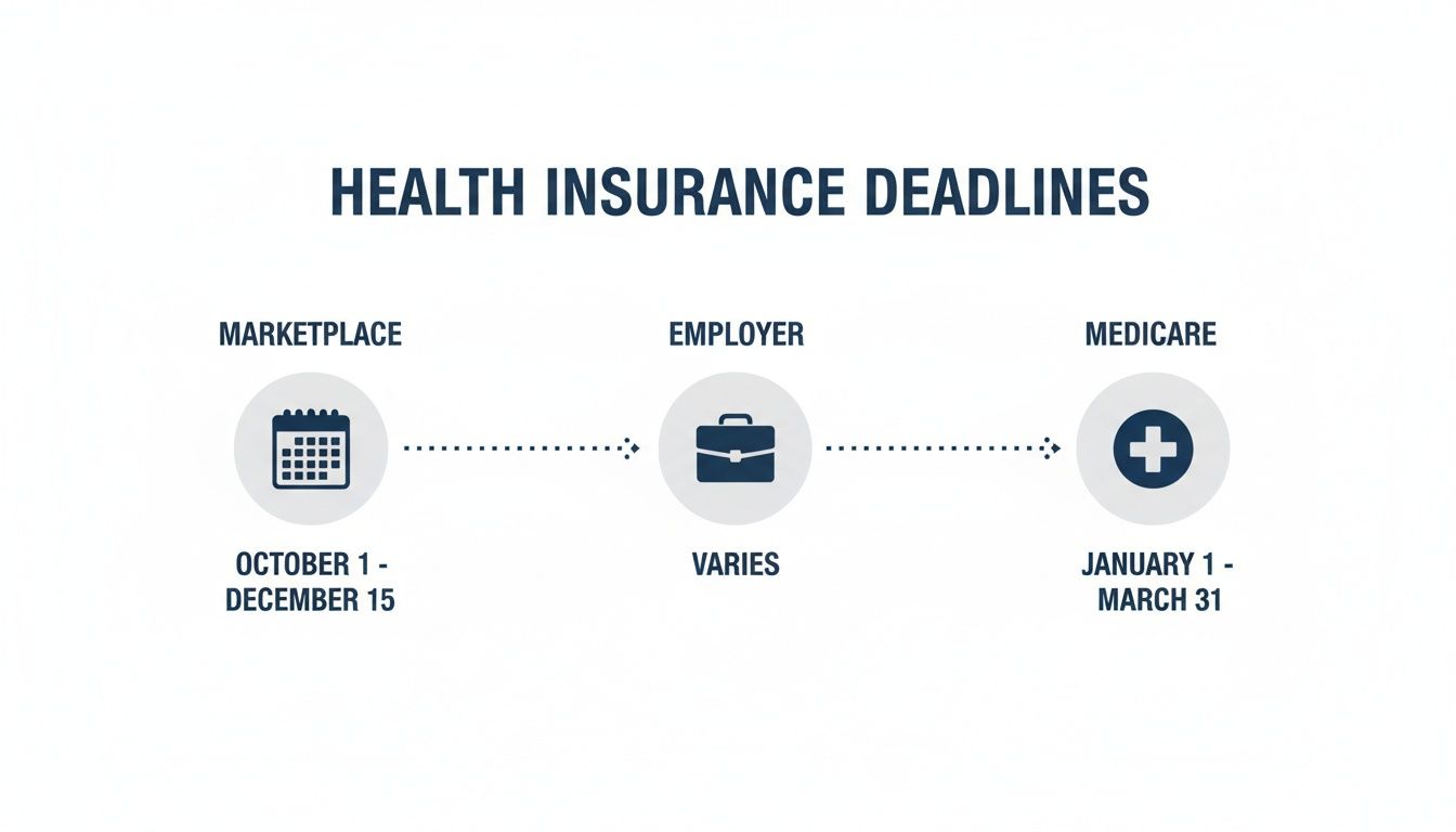 Infographic displaying health insurance deadlines for Marketplace, Employer, and Medicare.