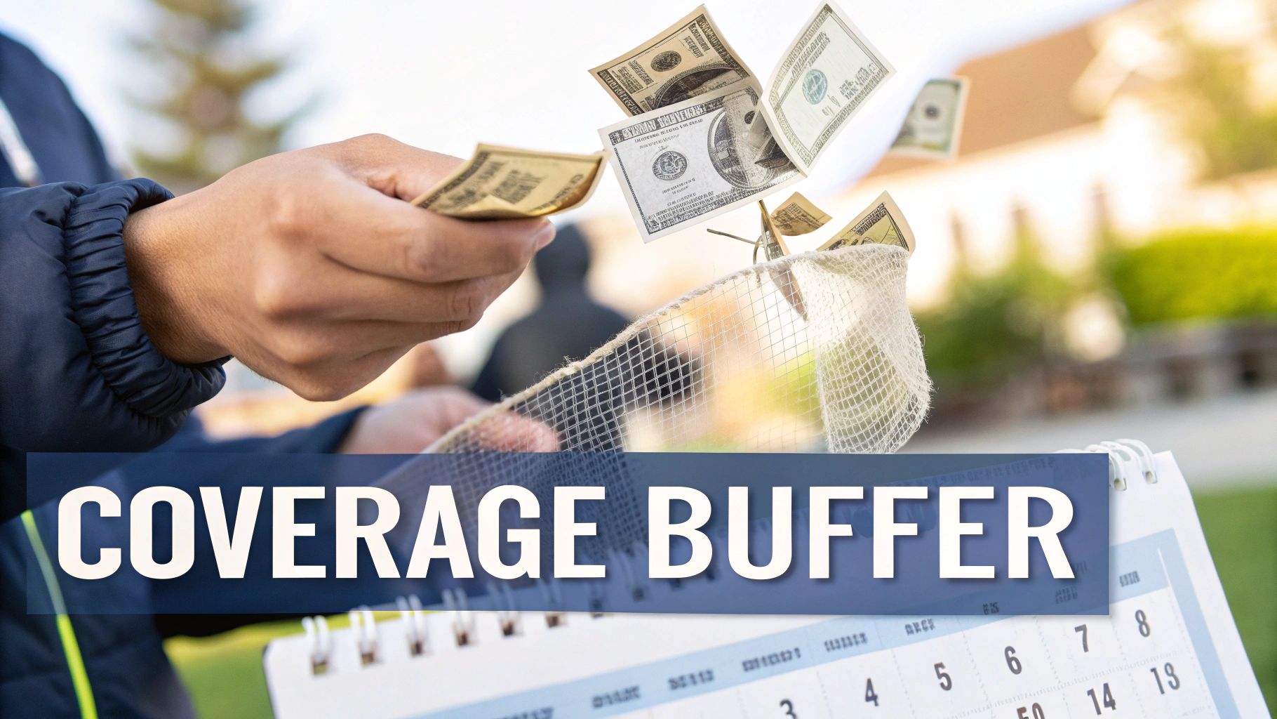 Hands catching falling dollar bills in a net, with a calendar and 'COVERAGE BUFFER' text.