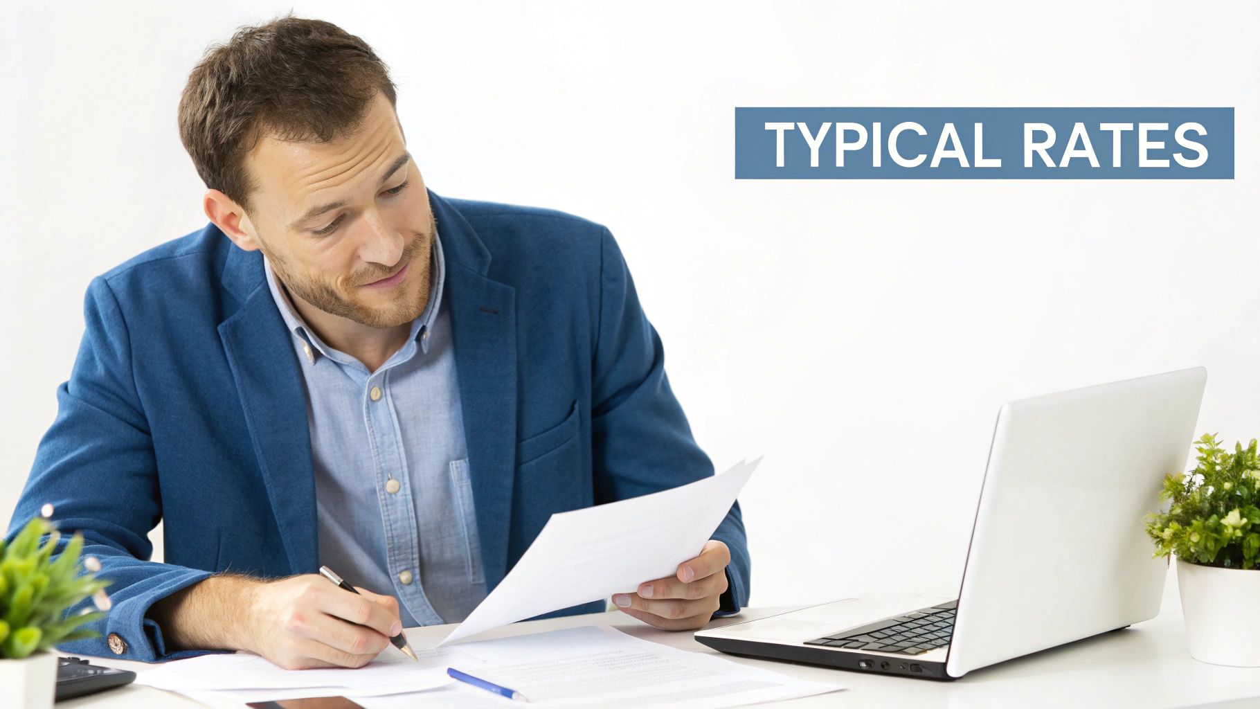 Professional businessman in blue blazer reviewing term life insurance rates comparison documents at desk