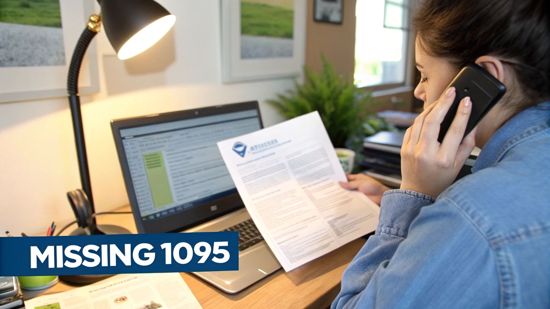 Person on a phone call, looking at a laptop and holding a document, with 'MISSING 1095' text.