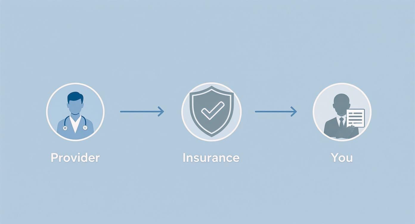 Flowchart illustrating the healthcare claims process from Provider to Insurance and then to You receiving benefits.