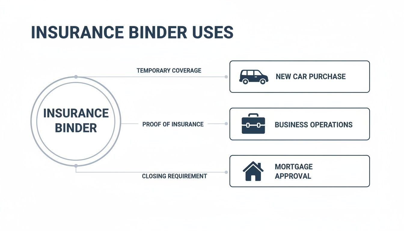 Infographic details insurance binder uses: temporary car coverage, business proof, and mortgage closing requirements.