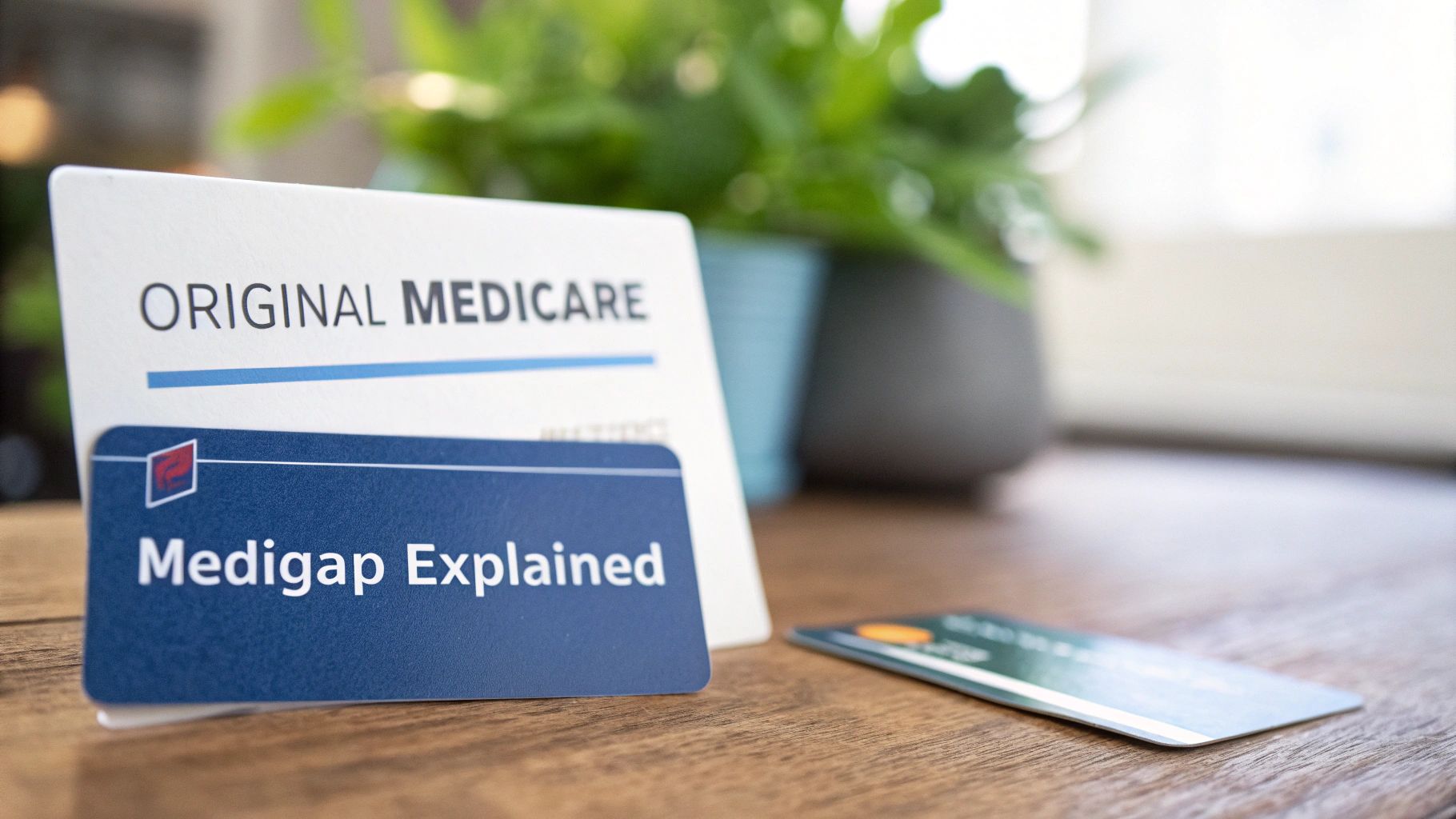 Cards titled 'Original Medicare' and 'Medigap Explained' on a wooden desk, detailing health insurance options.