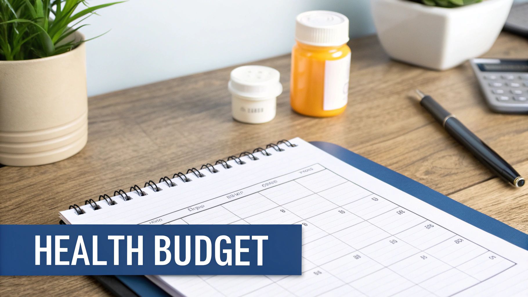 A desk with a plant, medication bottles, a pen, a calculator, and a notebook with a "HEALTH BUDGET" banner.