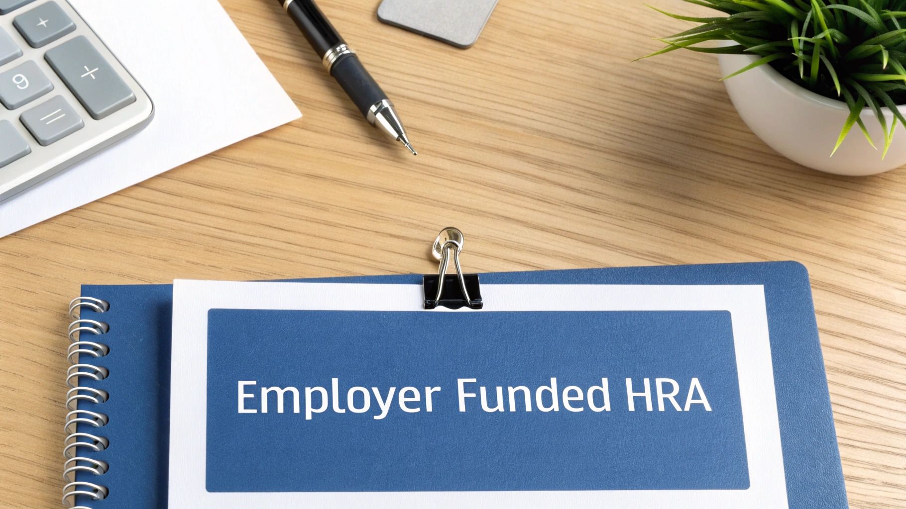 An image illustrating the concept of a Health Reimbursement Arrangement, with an employer icon placing funds into a healthcare benefits shield protecting an employee icon.