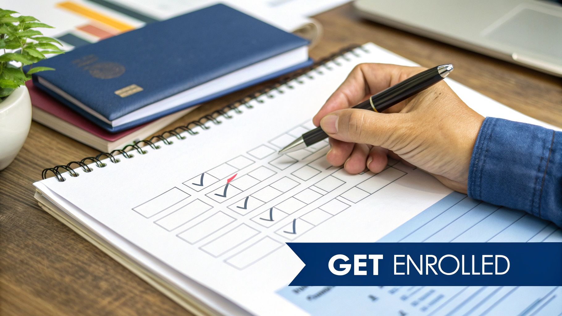 Close-up of a hand with a pen filling out a checklist on a spiral notebook, with 'GET ENROLLED' banner.