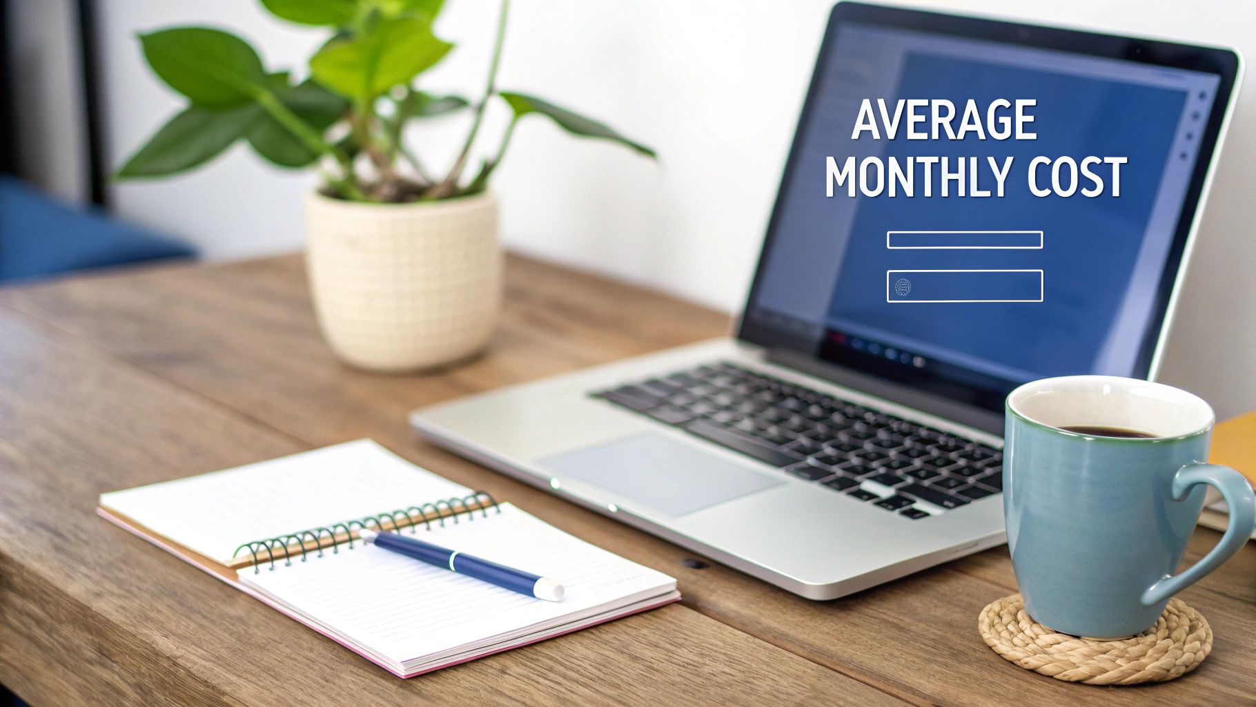 Laptop displaying average monthly cost calculator on desk with notebook and coffee mug
